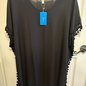Black Short Sleeve Ruffled Swim Coverup